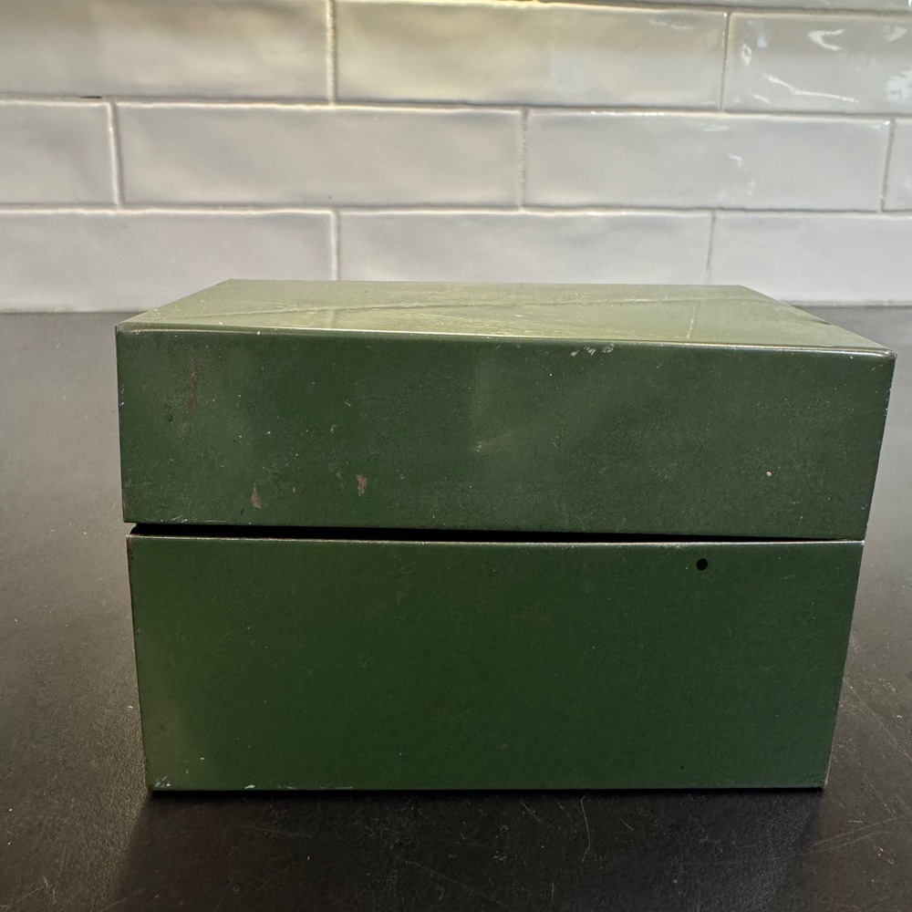 Vintage Metal Index Card Box Green Industrial Recipe Storage Organizer 5.5x3.5